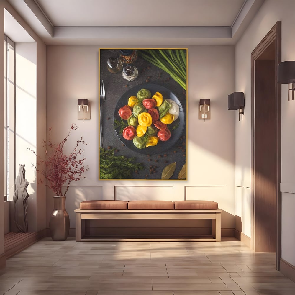 Tablou canvas cu tablou canvas cu paste colorate, in rama de aluminiu auriu